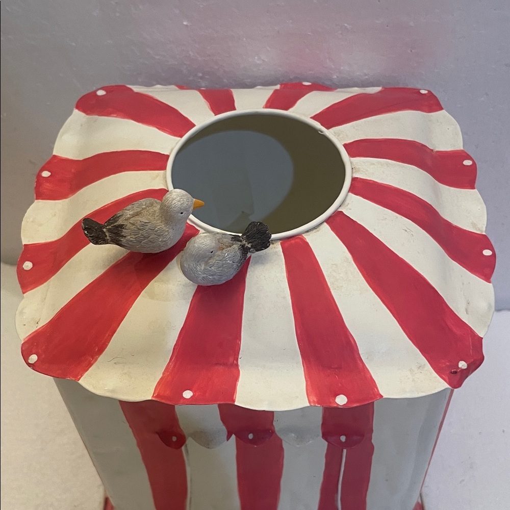 Vintage Laura Ashley Hand painted Seaside tissue box birds Red Striped metal Tin - Picture 3 of 11